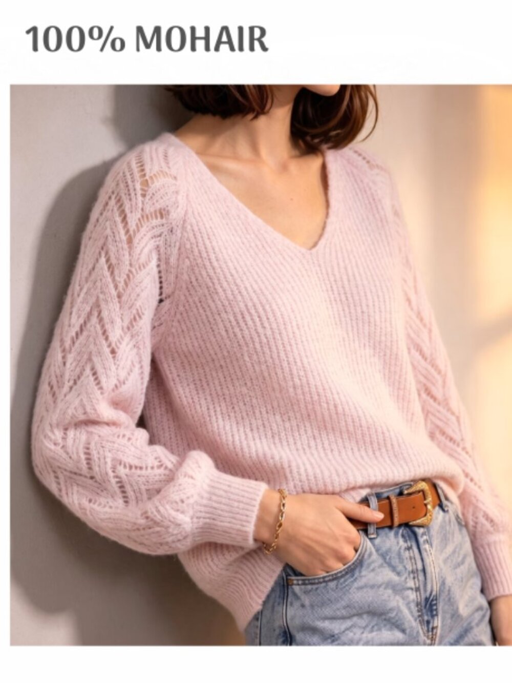 New NWOT 100% Mohair Wool Pink V-neck Openwork Sweater XL